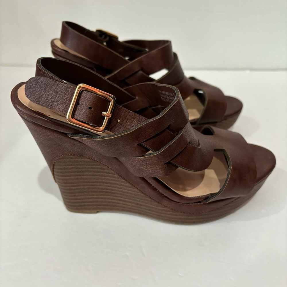 DOLLHOUSE Faux Leather Open Toe Strappy Platform Sandal Wedges - brown, size 6.5